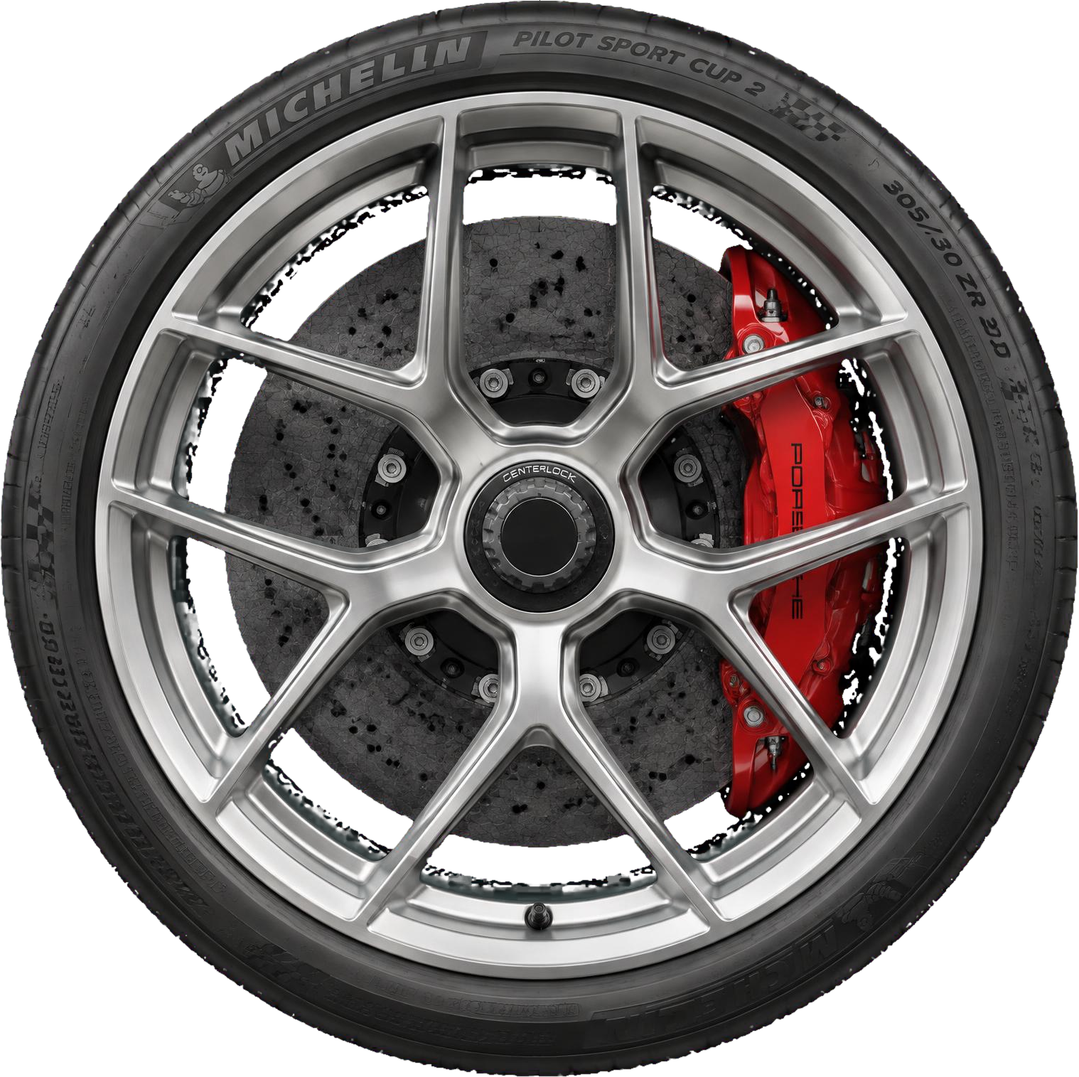 Forged silver centerlock wheel with competition tire, carbon-ceramic rotor and red brake caliper